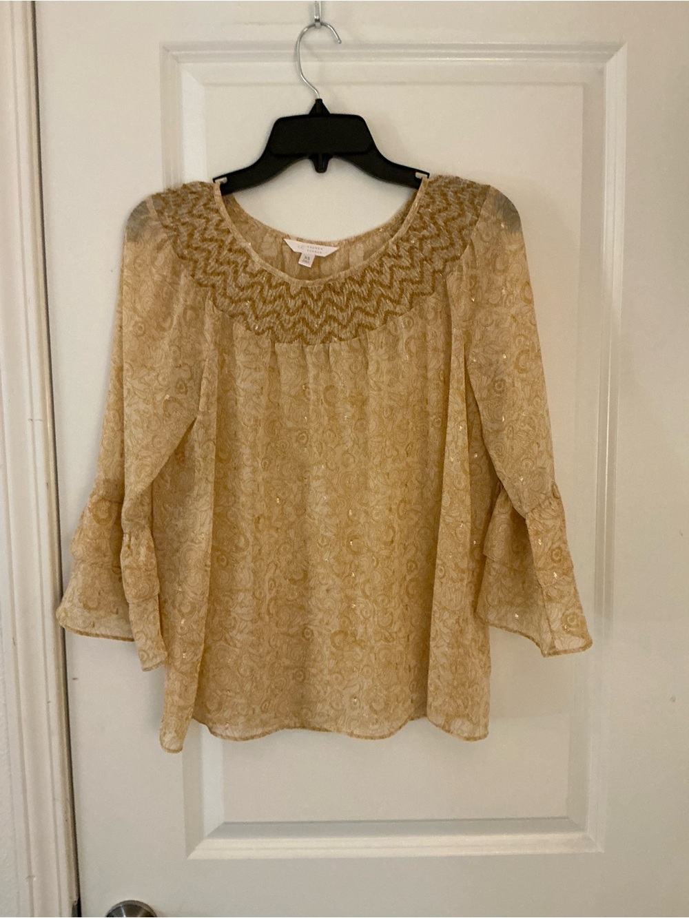LC Lauren Conrad Women's Sheer Metallic Gold Boho Smocked Neck Peasant Blouse XS